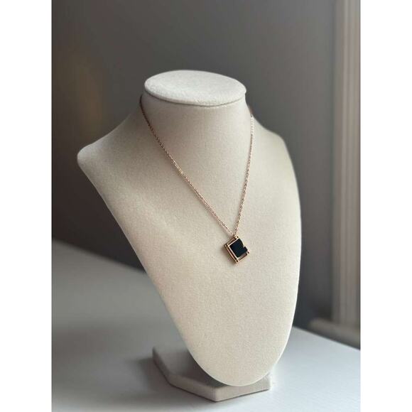 unbrand Jewelry - Rose Gold Square Pendant Necklace Minimal Black Stone Geometric Charm